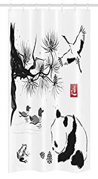 アジアStallシャワーカーテンby Ambesonne、鳥Cedar Panda Bear Traditional Japanese絵画スタイルアートヒエログリフ「Way」、ファブリック浴室