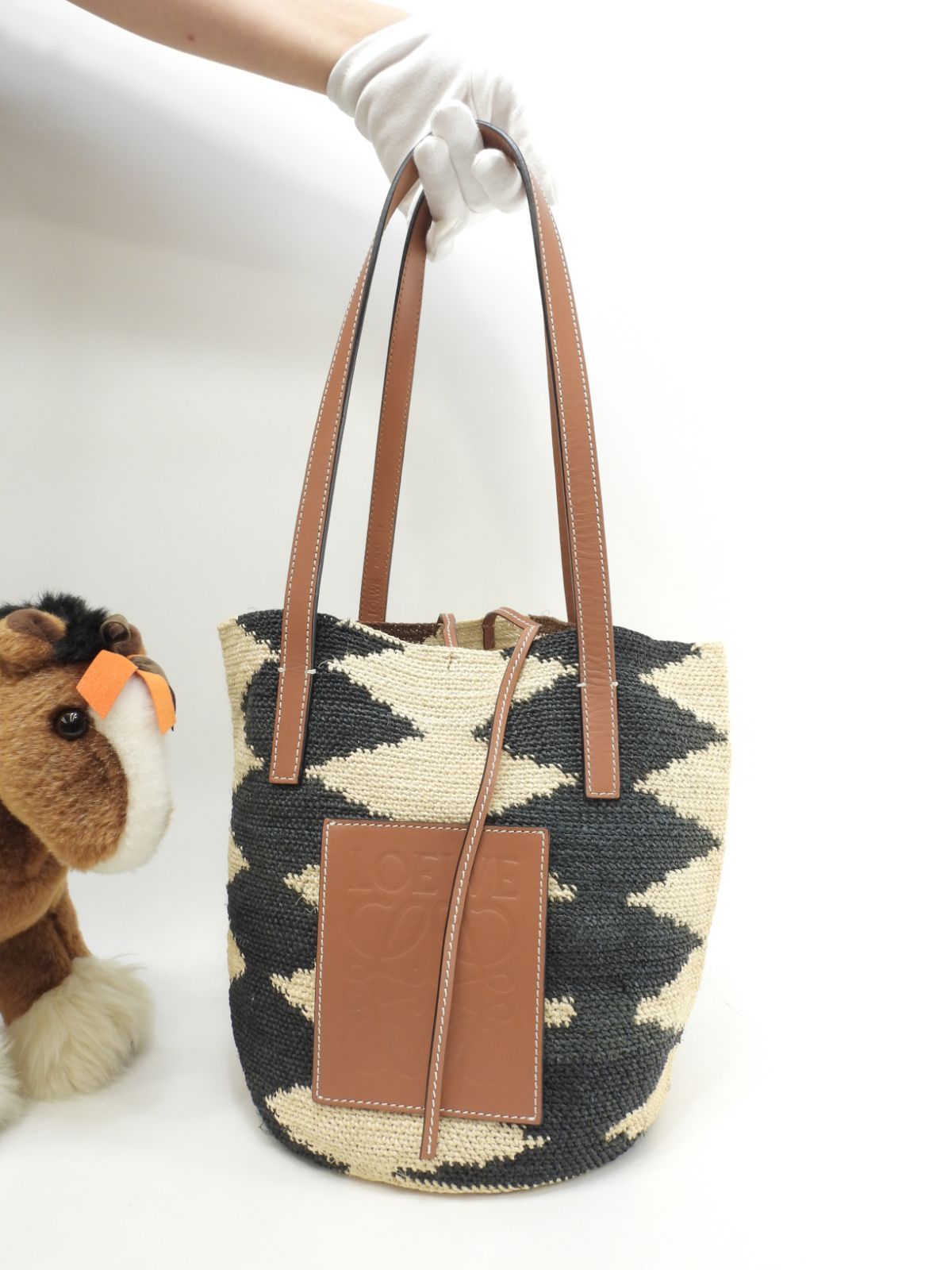 ロエベ トートバッグ小 シグラ リネン/ベージュ茶黒 ハンドバッグ 美品 