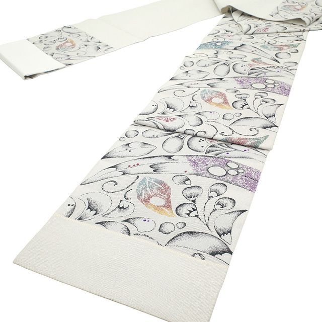 新品】 袋帯 未使用 正絹 京都 西陣 有栖川織物 銀通し 白グレー 新品】 袋帯 未使用 正絹 京都 西陣 有栖川織物 銀通し 白グレー