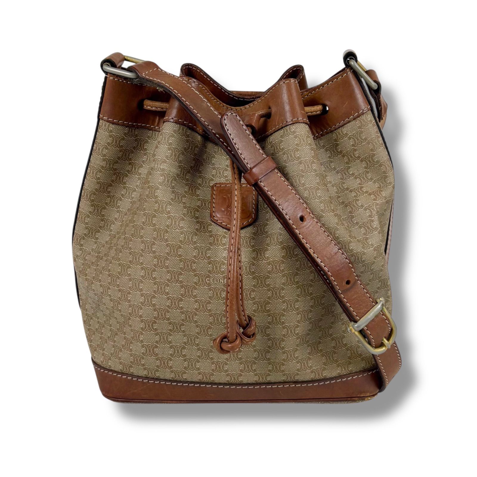 CELINE セリーヌ マカダム柄 巾着型 ショルダーバッグ ベージュ 