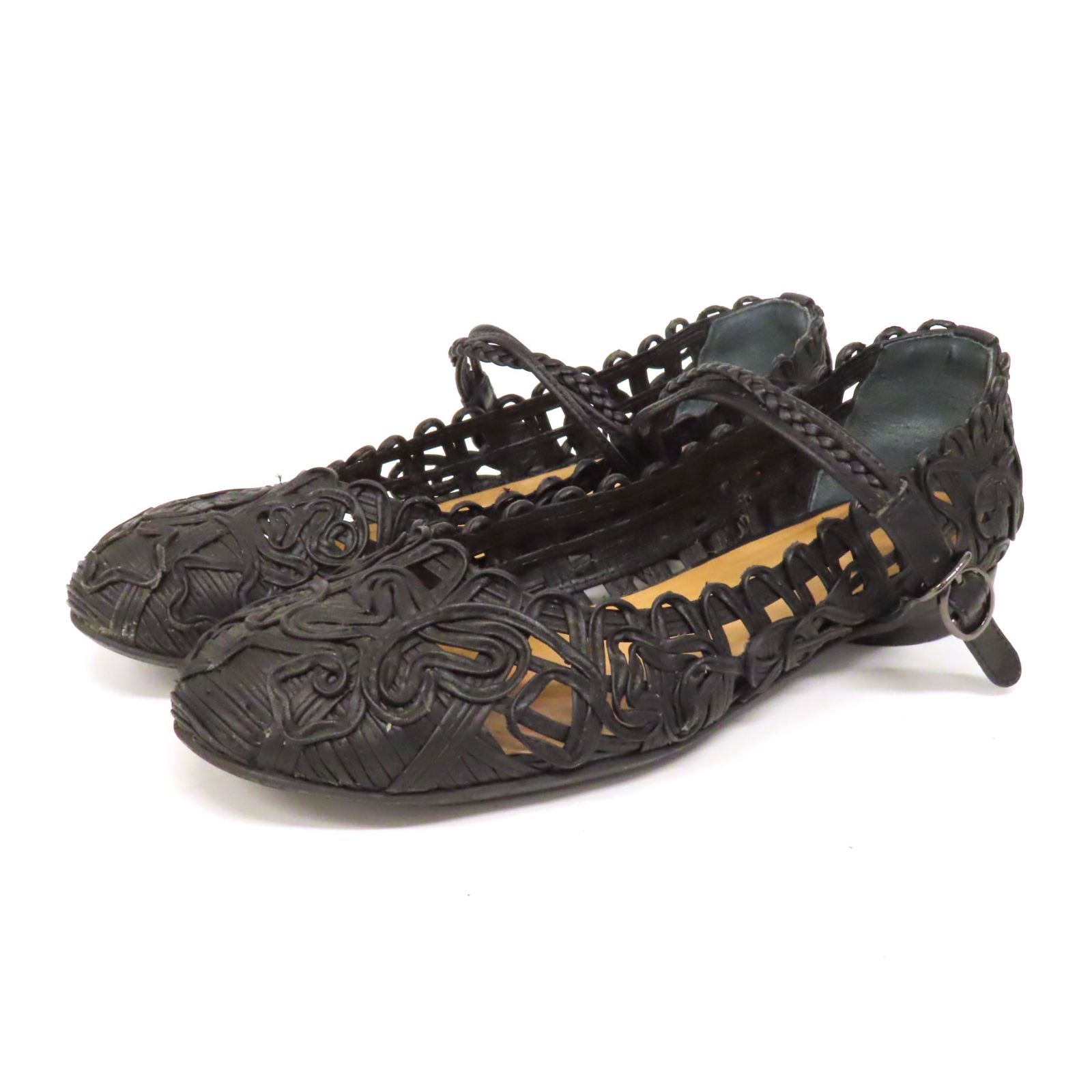 WB26225 Good Condition TSUMORI CHISATO TSUMORI CHISATO PUMPS BALLET SHOES FLAT BRAIDED LEATHER LEATHER STRAP 22.5cm BLACK BLACK