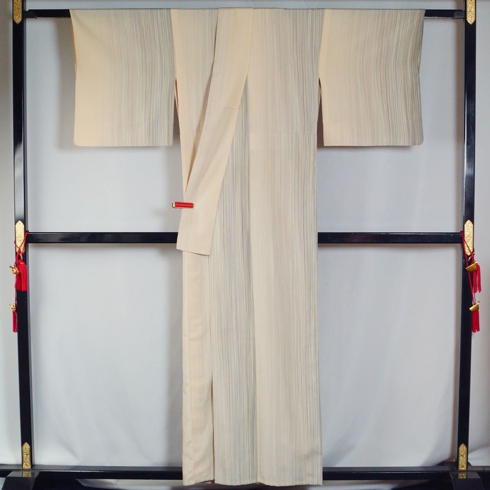 本塩沢 単衣 着物 紬 縞模様 本塩沢200色 やまだ織 Mサイズ 証紙有り