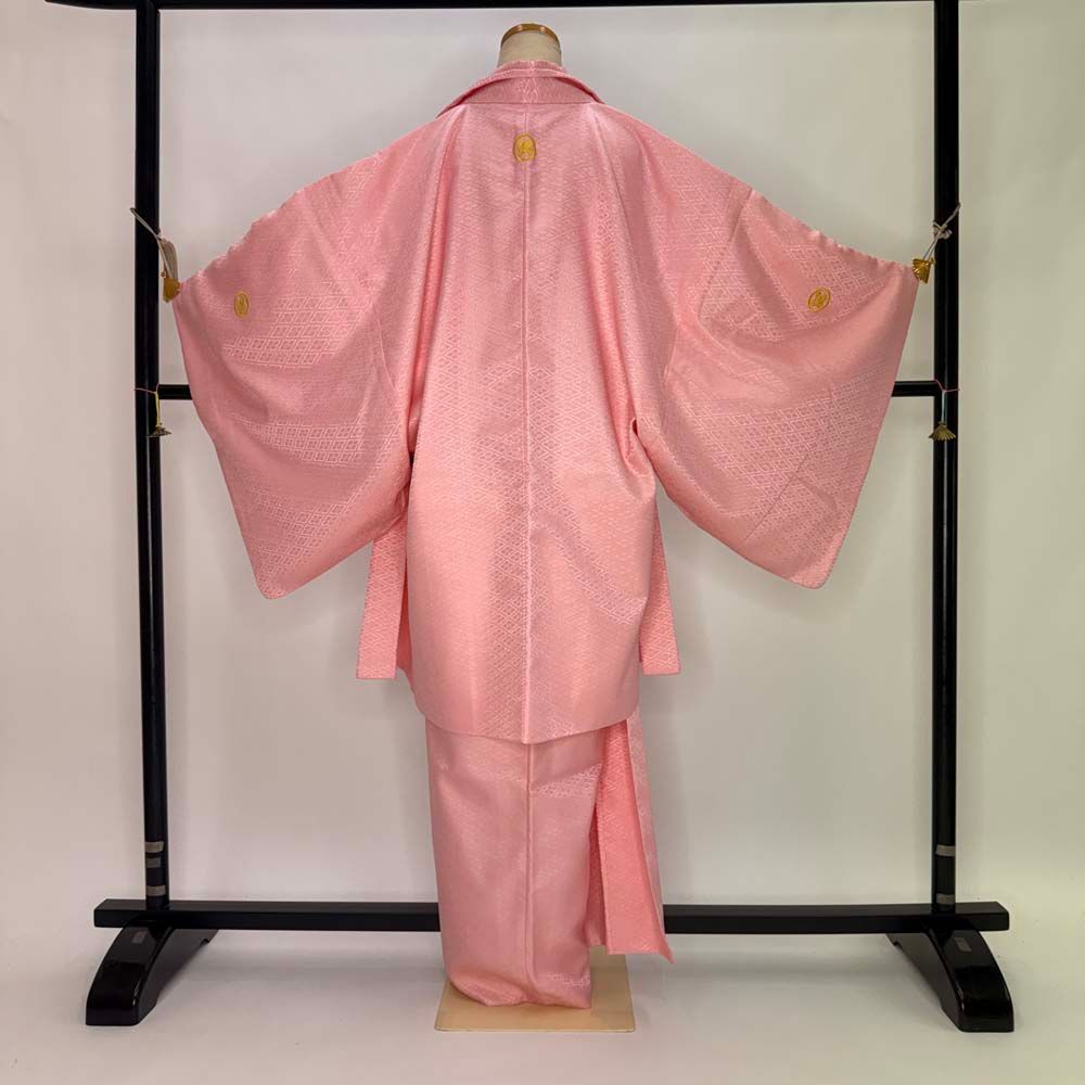 男紋付 男着物 紋付 ポリエステル 羽織 長着 裄74cm 2L size ピンク 五つ紋 中古 成人式 舞台衣装  5428 男紋付 男着物 紋付 ポリエステル 羽織 長着 裄74cm 2L size ピンク
