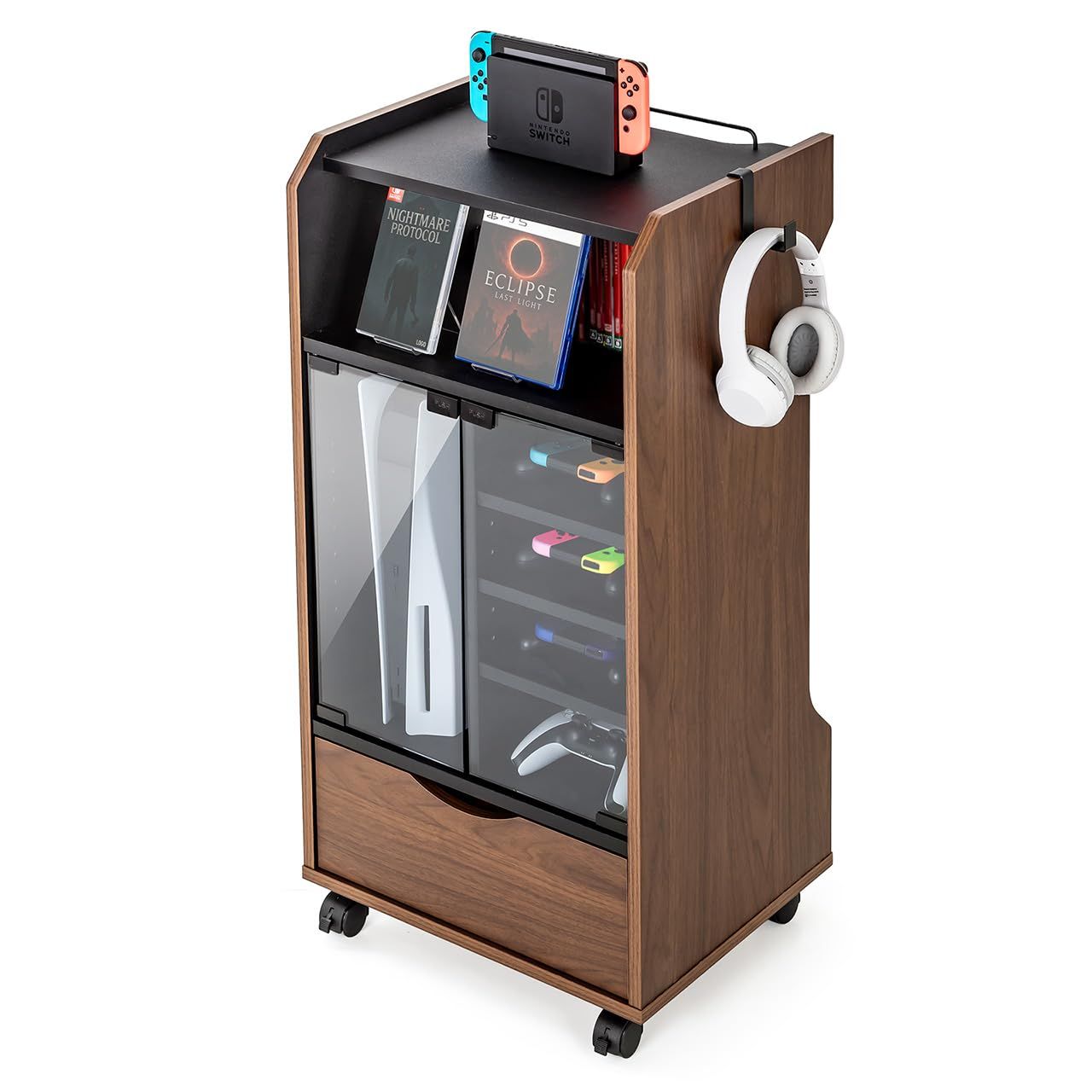 サンワダイレクト ゲームラック ガラス扉 UVカット 幅46.2×奥行37×高さ90cm キャスター付き 可動棚×3枚 フック×2個 PS5対応 ゲーム機 収納 木目×ブラック 200-CB066DBRMX| 28117305