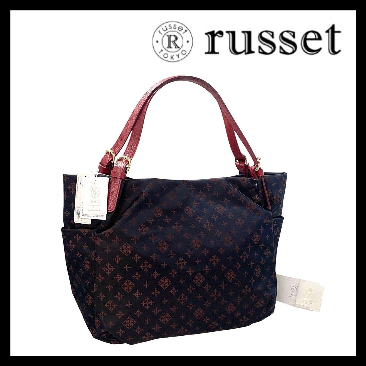 russet】トートバッグ ナイロン レザー ネイビー レッド/赤 モノグラム 