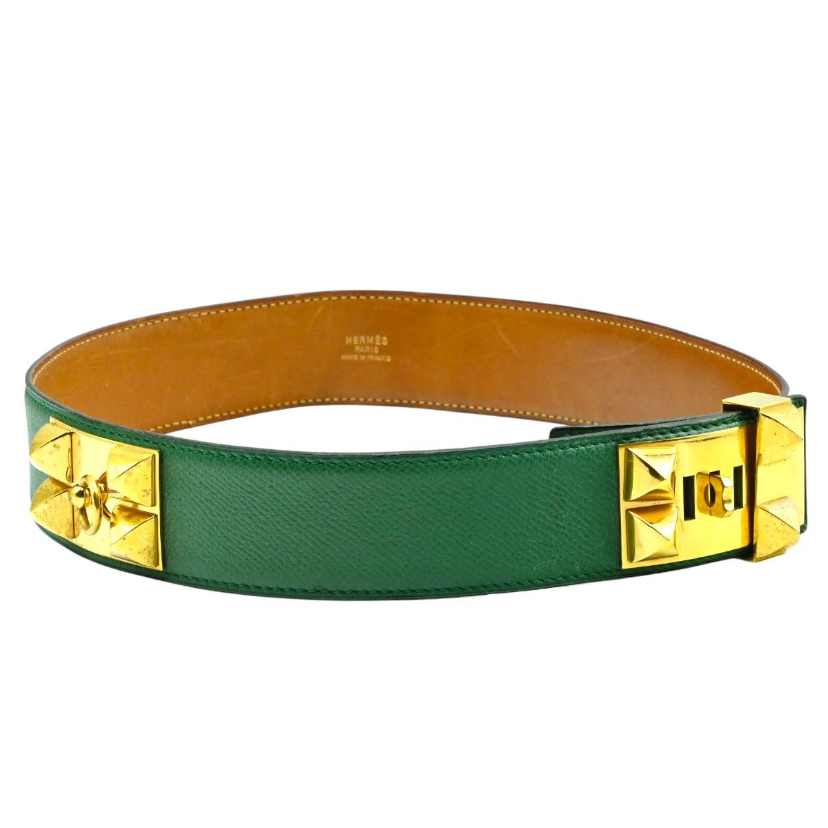 HERMES エルメス コリエドシアン レザー ベルト グリーン/ゴールド 〇R