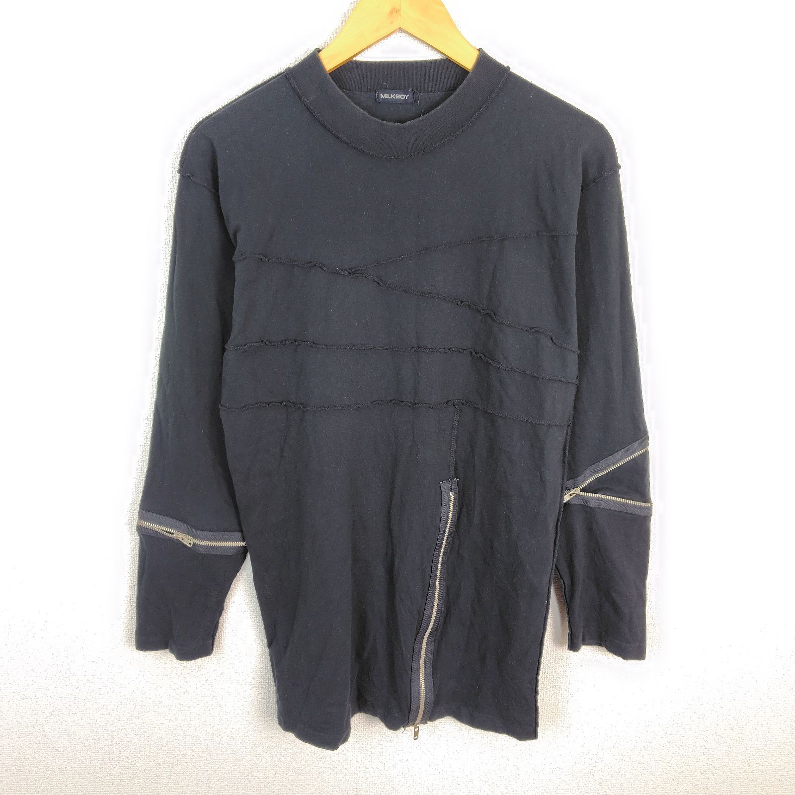 最新作，定番 MILKBOY ミルクボーイ 長袖 カットソー フルジップ ブラック メンズ 古着 モード ストリート 七分・長袖カットソー