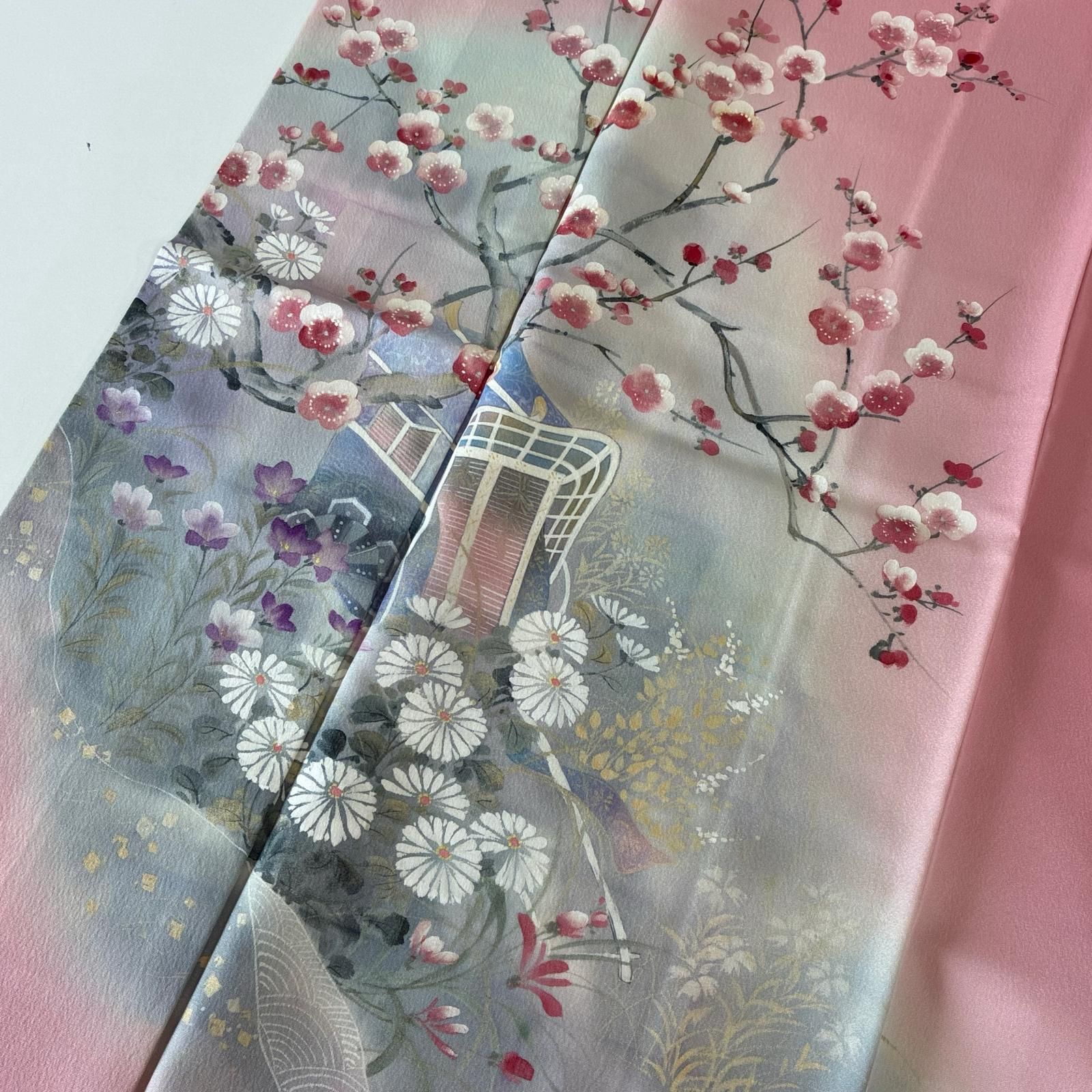 付け下げ 裄66 正絹 紋なし 美しい染めの花草 袷 着物 MK-5422