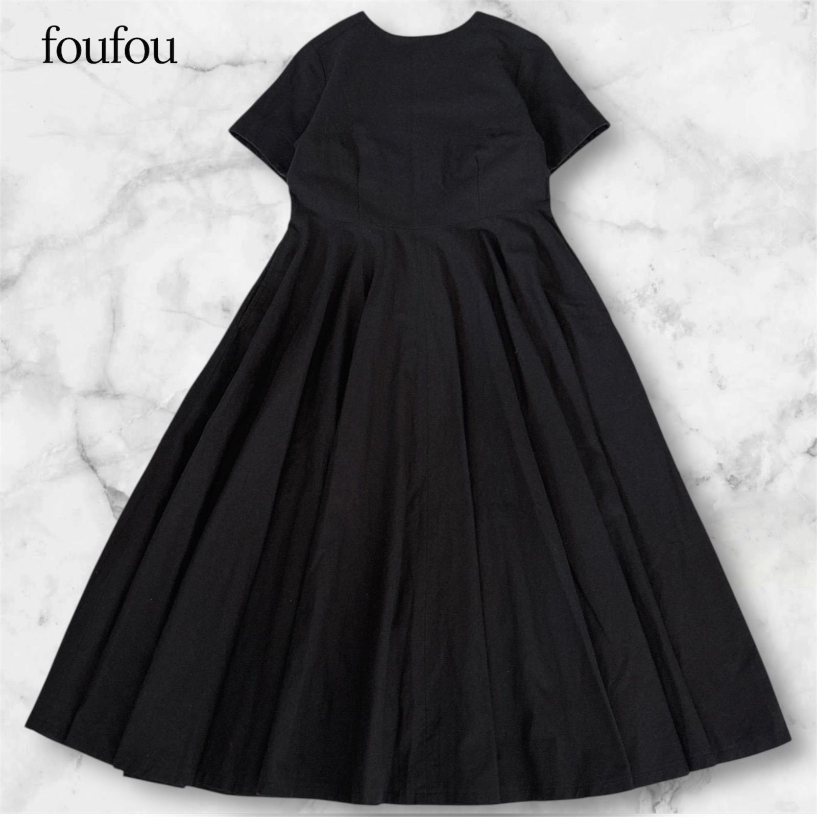 foufou フーフー THE DRESS #00 ブラック フレアワンピース コットンリネンランデブーワンピース 黒 0サイズ S相当 綿麻 フレアシルエット ロングワンピース 半袖 華やか B1107