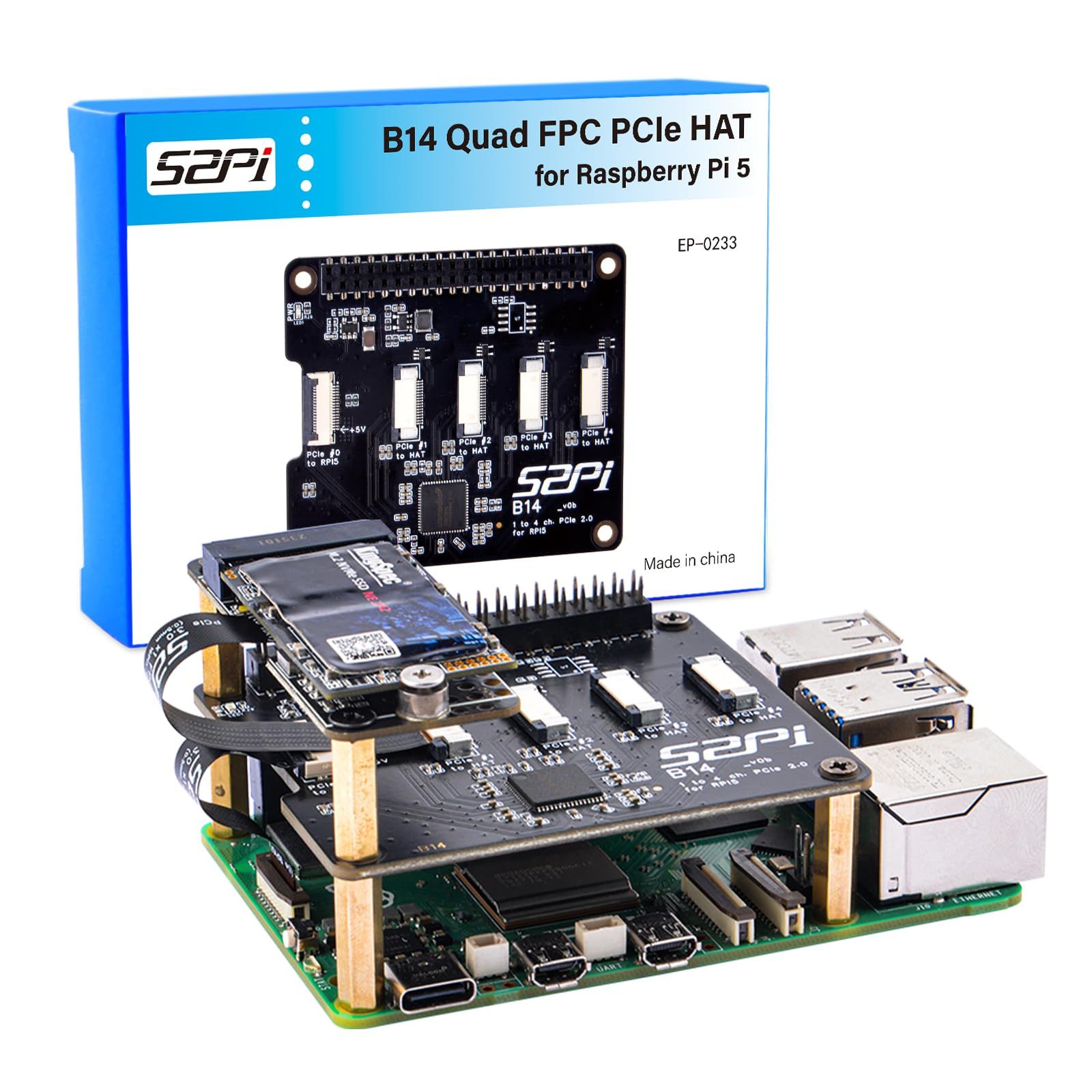 特価商品 GeeekPi Raspberry Pi 5 用 GeeekPi クアッド FPC PCIe HAT、Raspberry Pi 5 用 40 ピン GPIO ピンヘッダー付き B14 HAT 1 ~ 4 PCIe インターフェイス