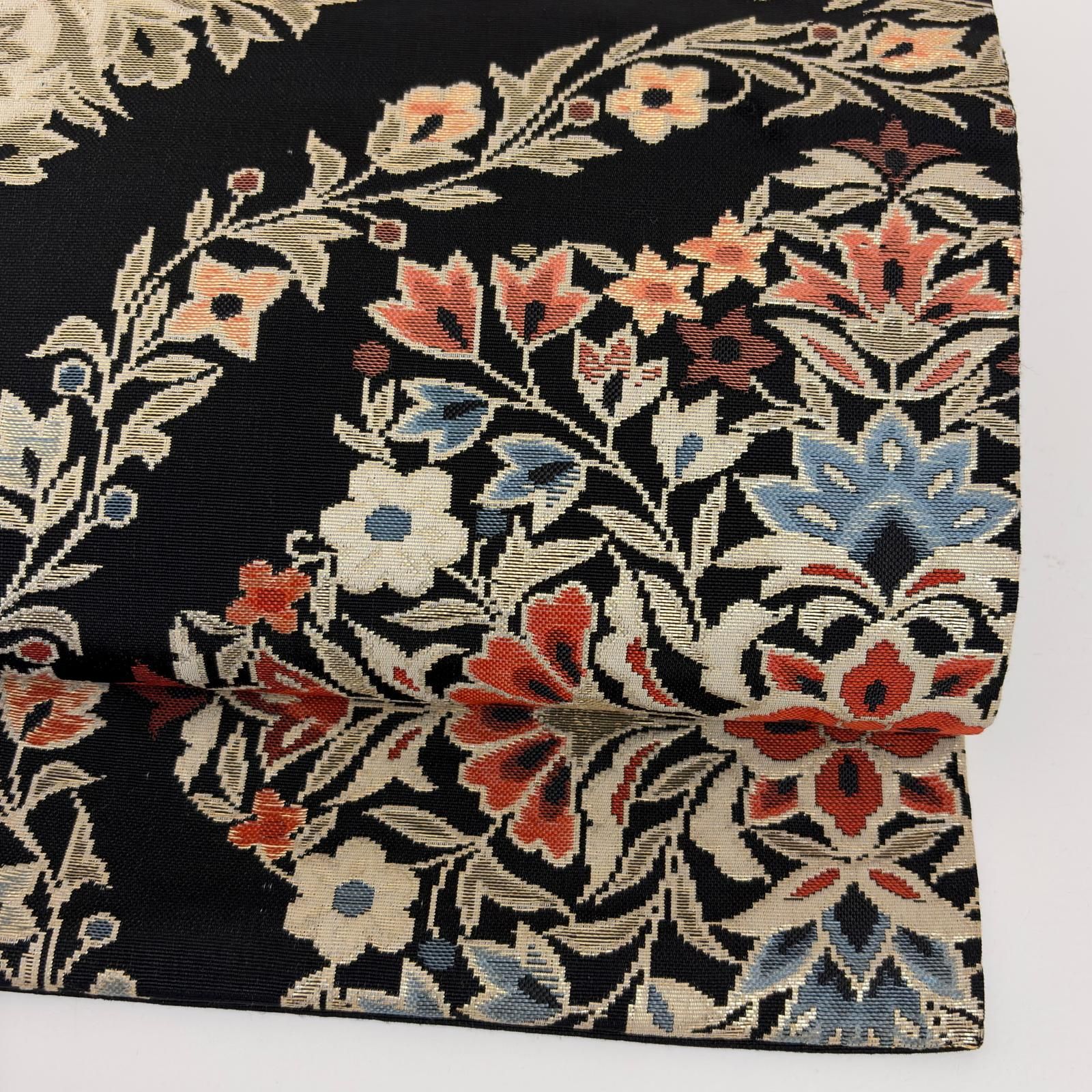 名古屋帯 正絹 草花 上品な織出し 九寸 着物 F-8365