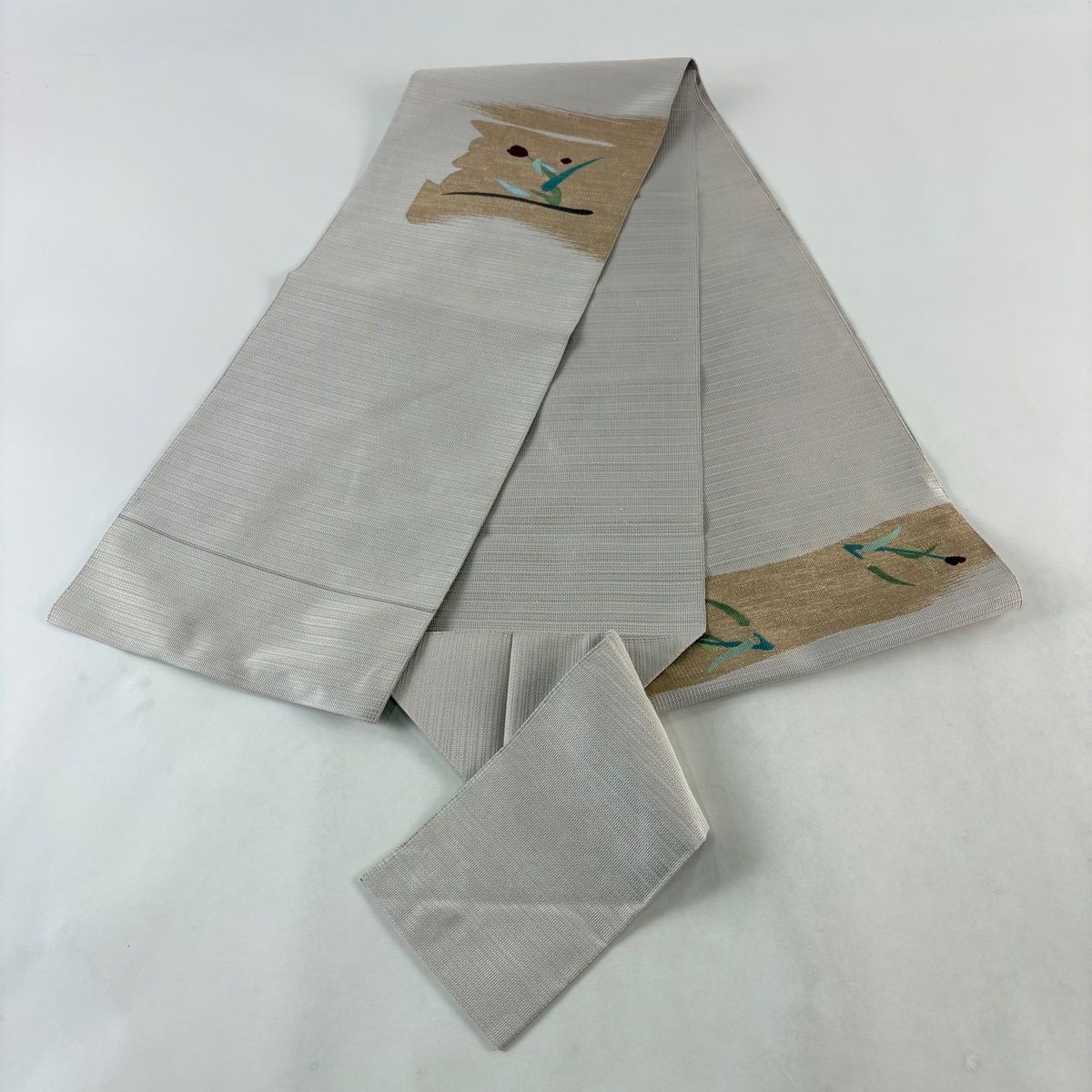 美品】 名古屋帯 秀品 八寸名古屋帯 松葉仕立て 草花 金糸 薄小豆 正絹 