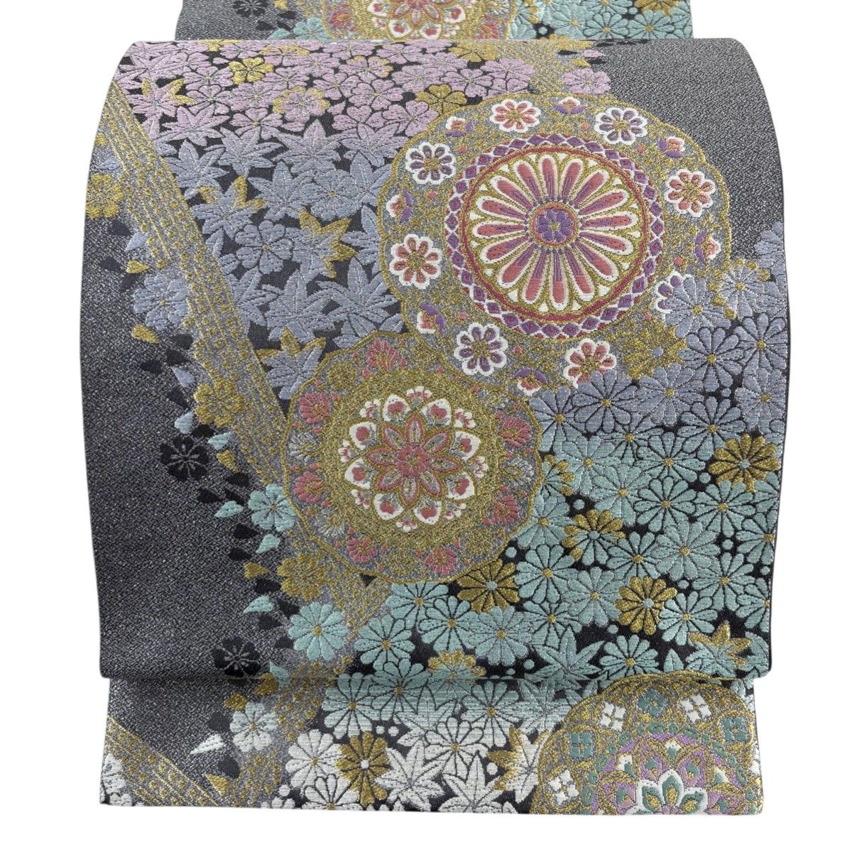 美品】 袋帯 秀品 華文 楓 金銀糸 刺繍 銀色 六通 正絹 【中古 美品】 袋帯 秀品 華文 楓 金銀糸 刺繍 銀色 六通 正絹 【中古