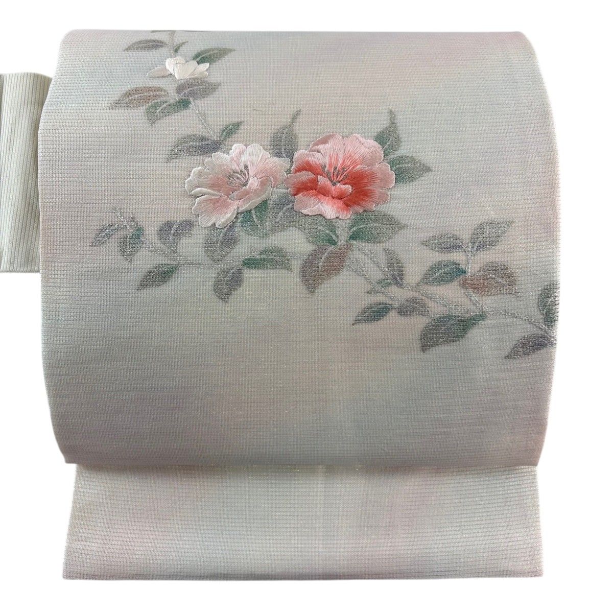 美品】 名古屋帯 秀品 夏帯 絽 枝花 刺繍 銀糸 薄ピンク 正絹 【中古 