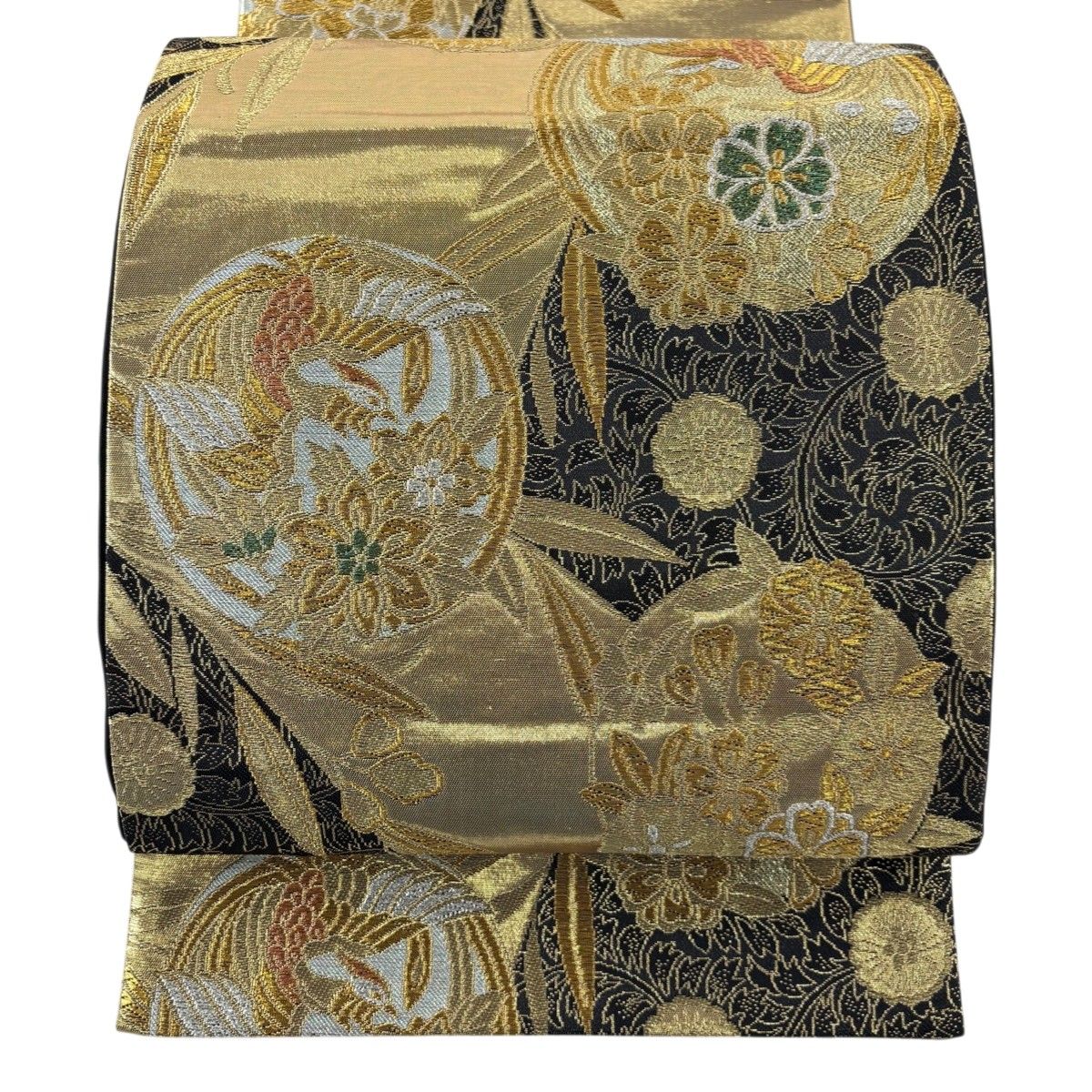 袋帯 秀品 振袖向き 花丸文 鳳凰 金銀糸 箔 黒 六通 正絹 【中古 袋帯 秀品 振袖向き 花丸文 鳳凰 金銀糸 箔 黒 六通 正絹 【中古