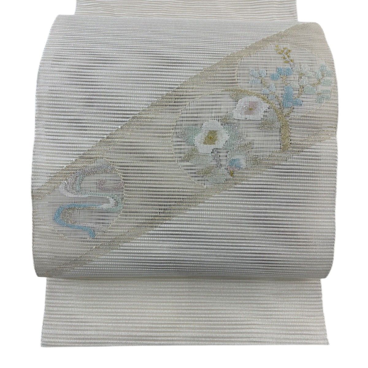美品】 名古屋帯 秀品 夏帯 絽 八寸名古屋帯 草花 流水 金銀糸 
