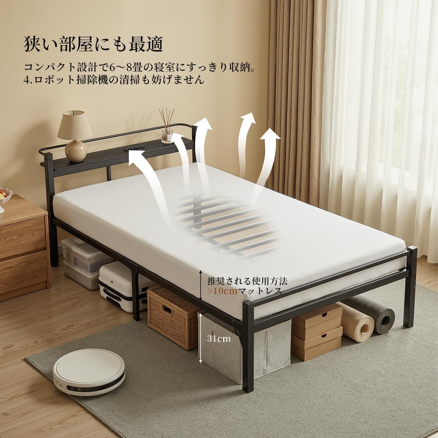 家具、インテリア ベッドフレーム シングル ベッド 宮棚付き 2口