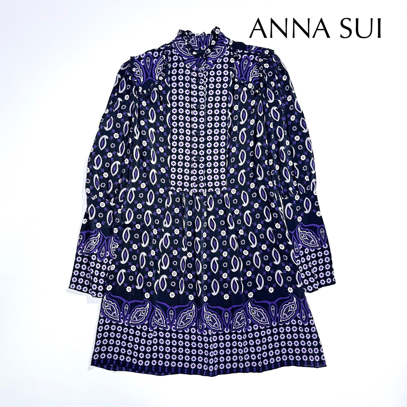 cW98 ANNA SUI シルク100% フリル ペイズリー柄 総柄 絹 薄手 バンド 