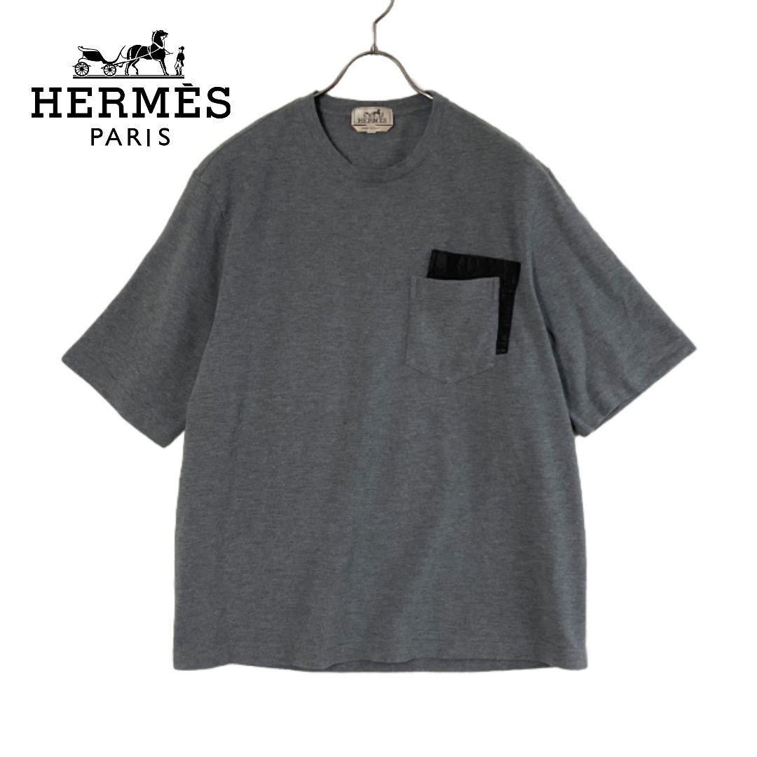 美品】HERMES エルメス レザーパッチ胸ポケットカシミヤ混Tシャツ XL 