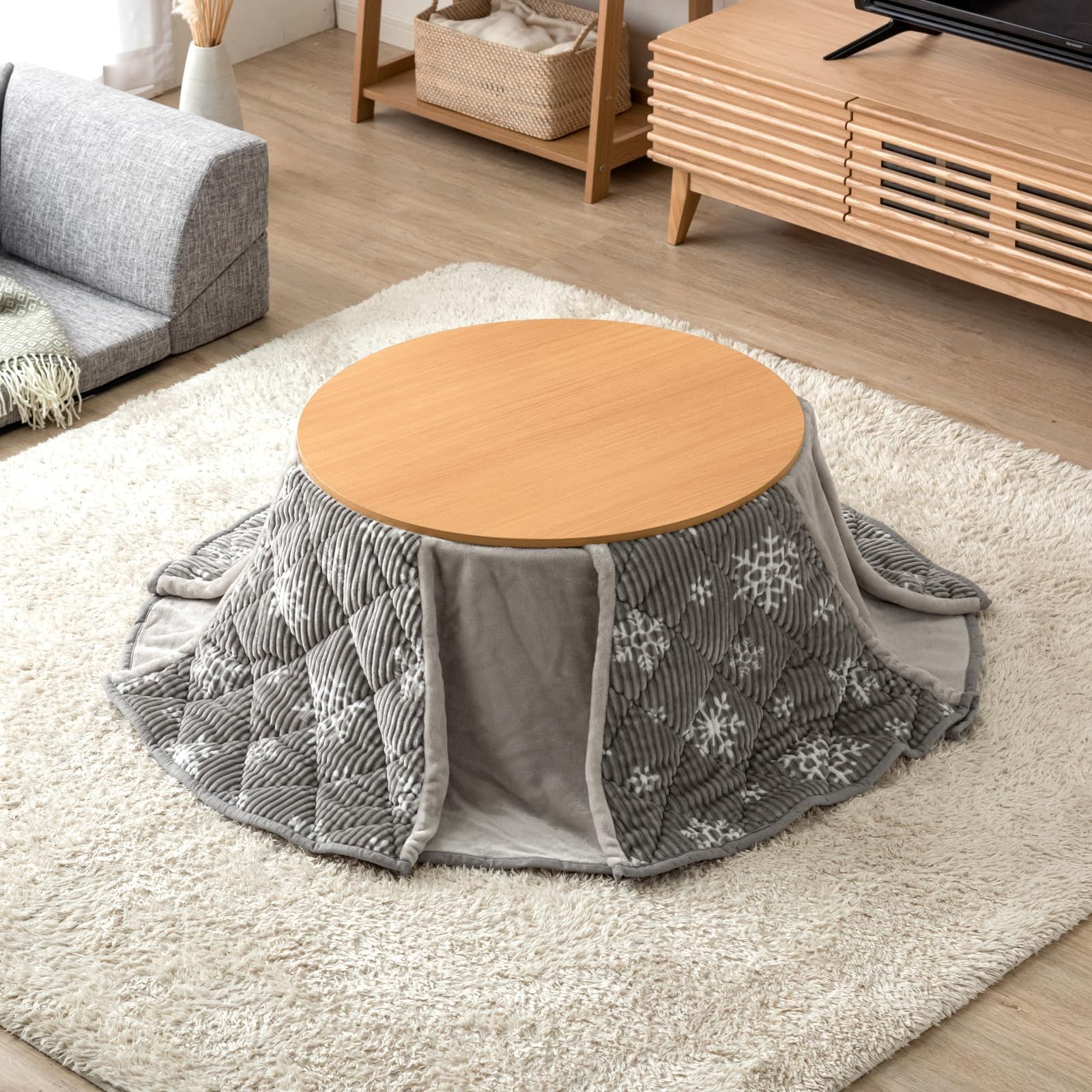 タンスのゲン こたつ 2点セット こたつ本体 掛布団 直径69cm 円形 木目 リバーシブル天板 省スペース 洗える コーデュロイ 樹脂 スノーグレー 21300012 34 74568 ma 6f1e96f5