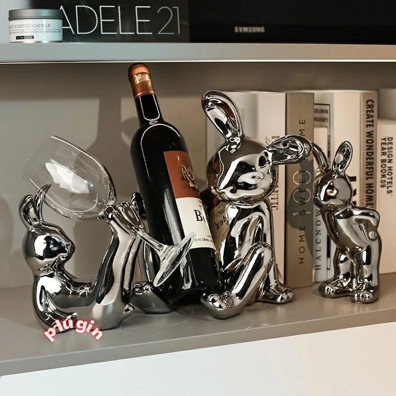  送料無料 北欧風 うさぎ 赤ワインラック セラミック 置物 おしゃれ かわいい ライト付き テーブル 飾り ワインキャビネット インテ ミニウォールラック 置物 インテリア小物