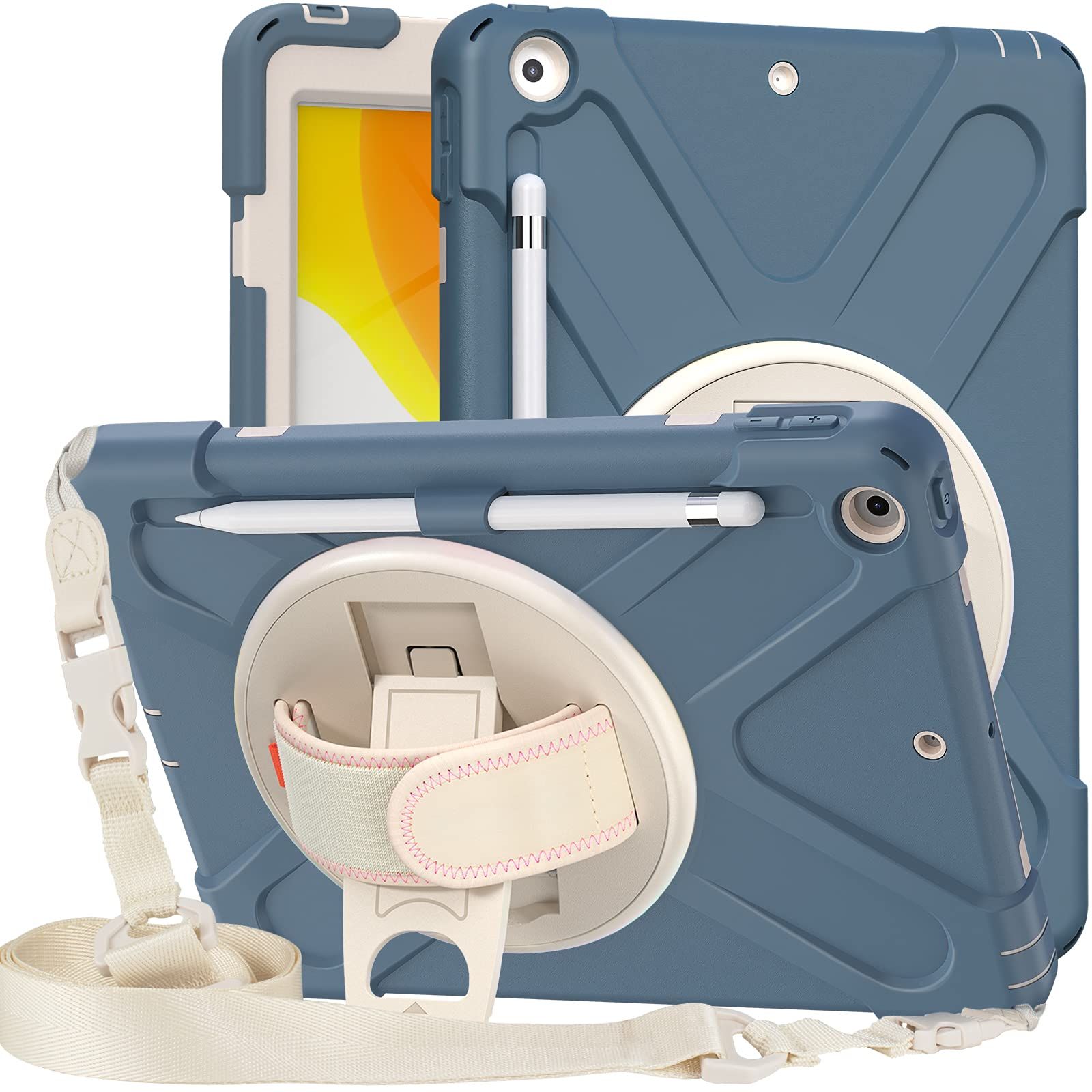 【品質保証，定番人気】 新品 Moogukadan iPad5/iPad6 第6 5 世代 9.7インチ用のケース 斜め掛け カラフル 360°回転 スタンド ショルダーストラップ ハンドベルト ペンホルダー付き 頑丈 お洒落 格好いい 耐衝撃 シリコン カ その他