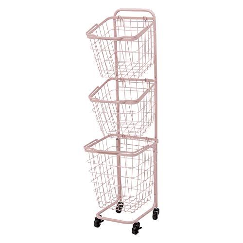 新品 萩原(Hagihara) ランドリーラック バスケット 脱衣 洗濯物 かご 3段 【取り外し・積み重ねOK】 大容量 ランドリーワゴン ワイヤー キャスター付 ピンク KR-3971PI