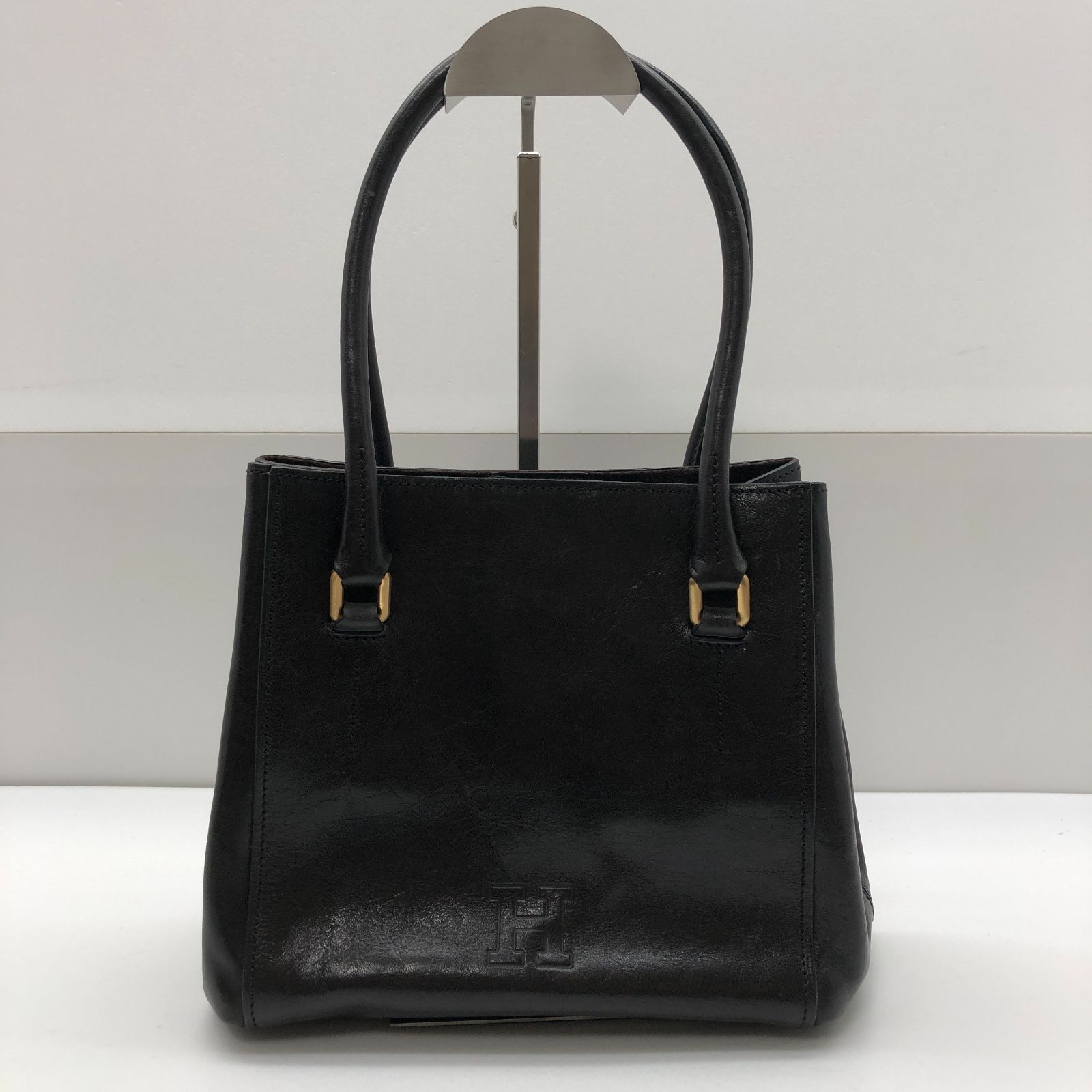 良品】HIROFU ヒロフ ダークブラウン レザー ハンドバッグ シルバー 