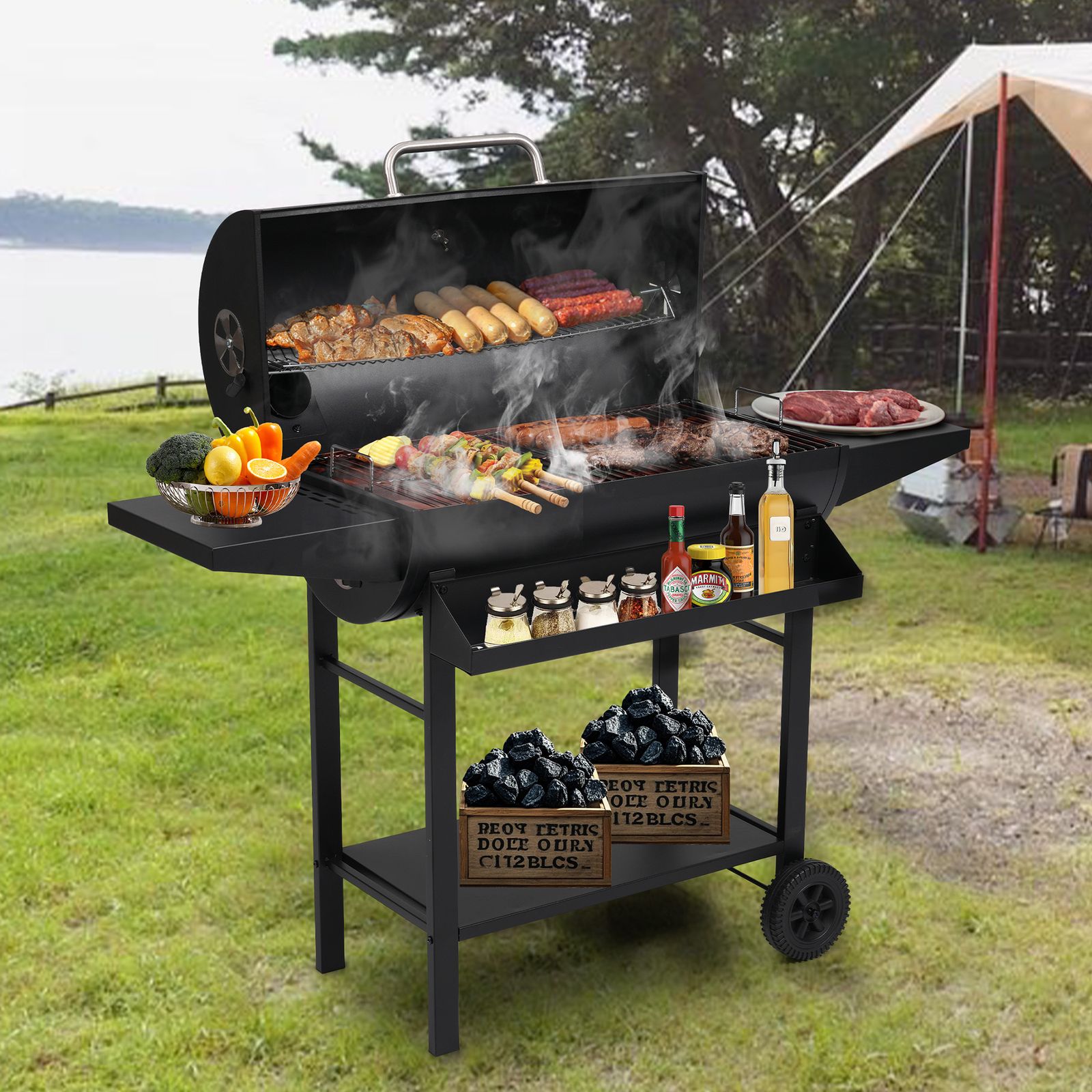 レインカバー付 バーベキューコンロ 焼き網 温度計 サイドテーブル 8-12人用 アウトドア レインカバー付 バーベキューコンロ 焼き網 温度計 サイド