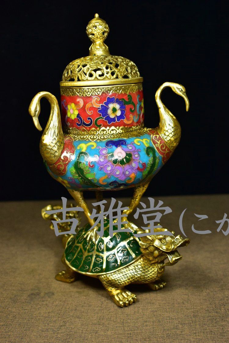 旧家蔵出し 銅胎景泰藍 琺瑯彩 七寶燒 龜鶴延年 香炉 薰香炉 香