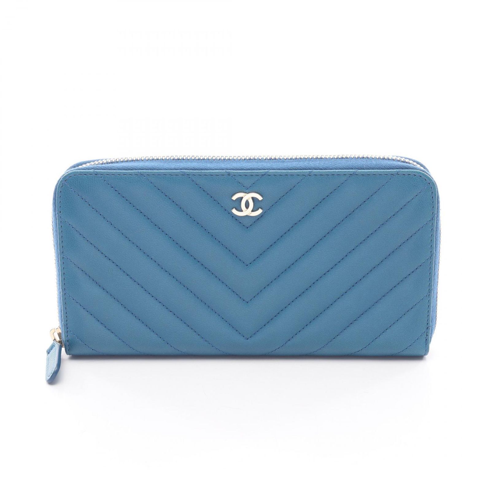 シャネル CHANEL ラウンド長財布 シェブロン Vステッチ ブルー 
