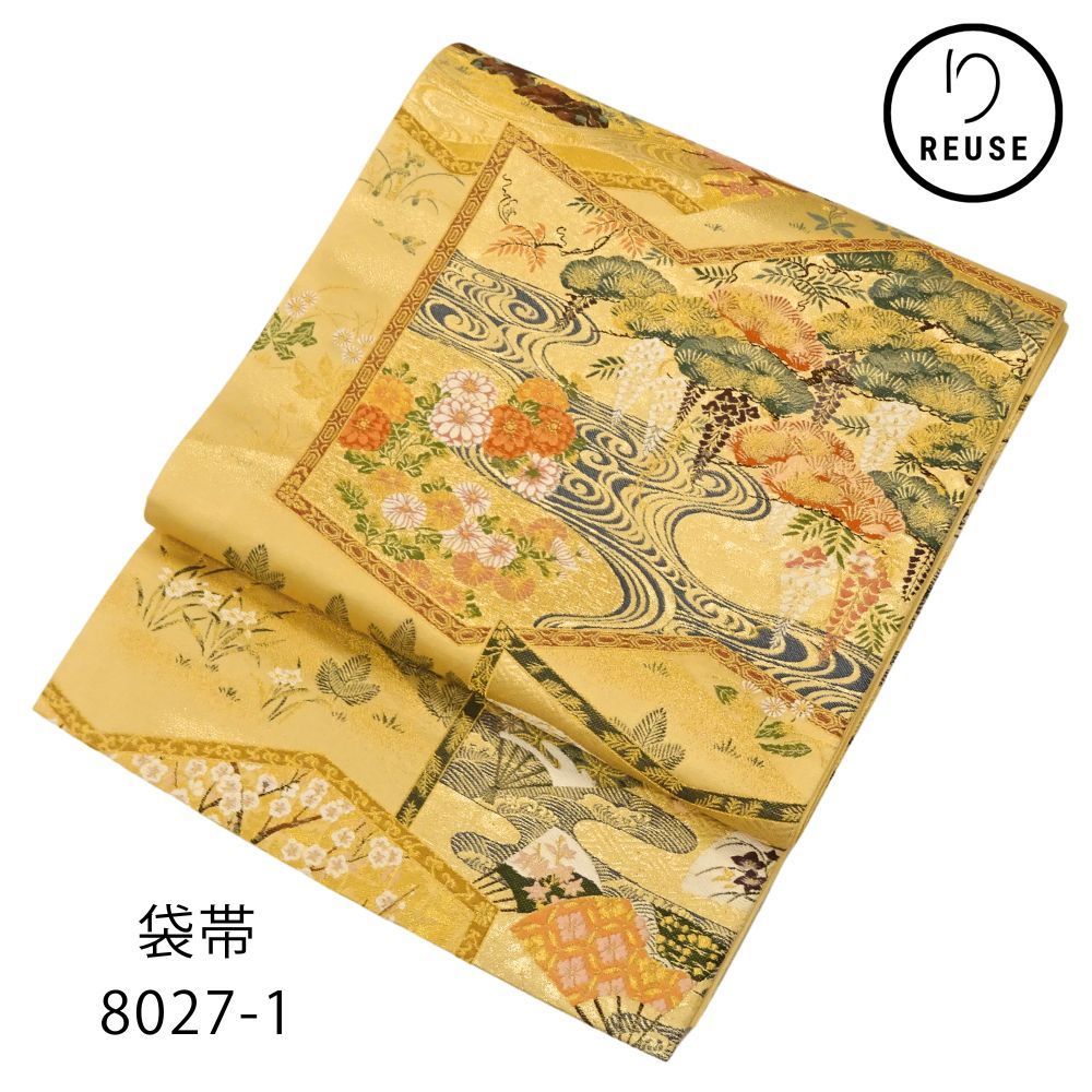 礼装用袋帯 正絹 リユース 中古 西陣織 扇面 流水 四季花文 8027 礼装用袋帯 正絹 リユース 中古 西陣織 扇面 流水 四季花文 8027