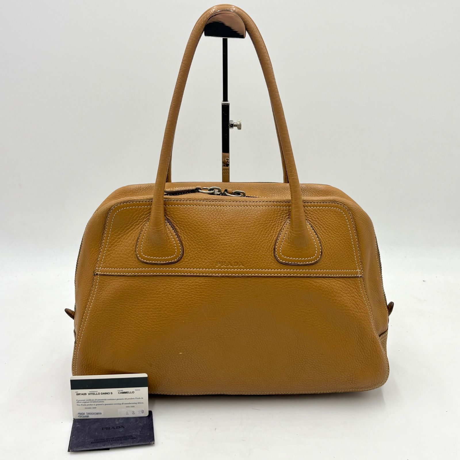 PRADA Prada Y2K VITELLO DAINO Vittello Dino embossed logo leather bowling bag tote bag mini Boston bag BR1429 beige 2Y6283