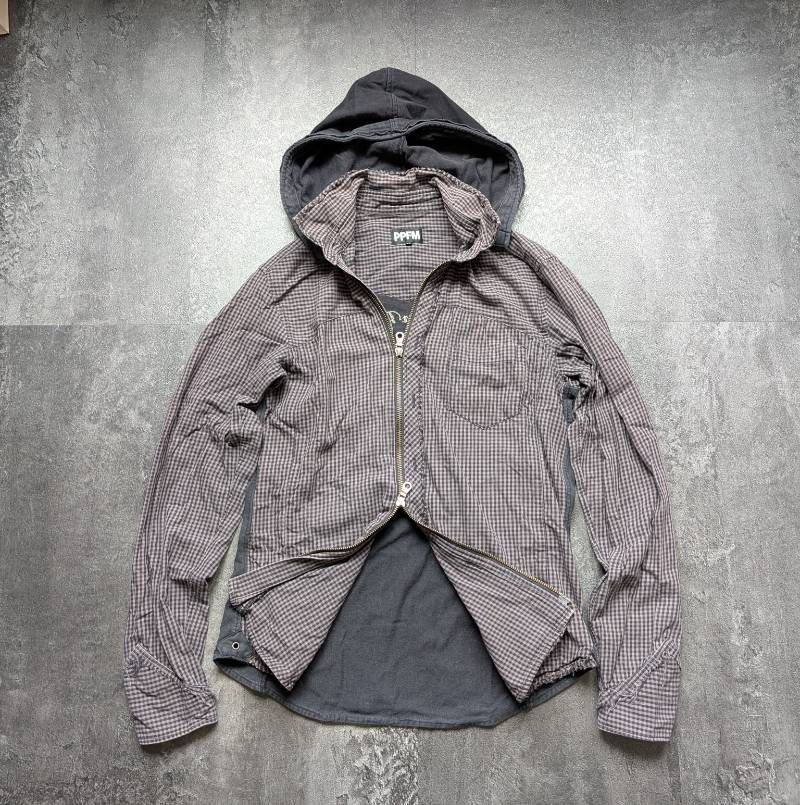 PPFM Double Zip Embroidered Hoodie Jacket Detachable Hood Plaid