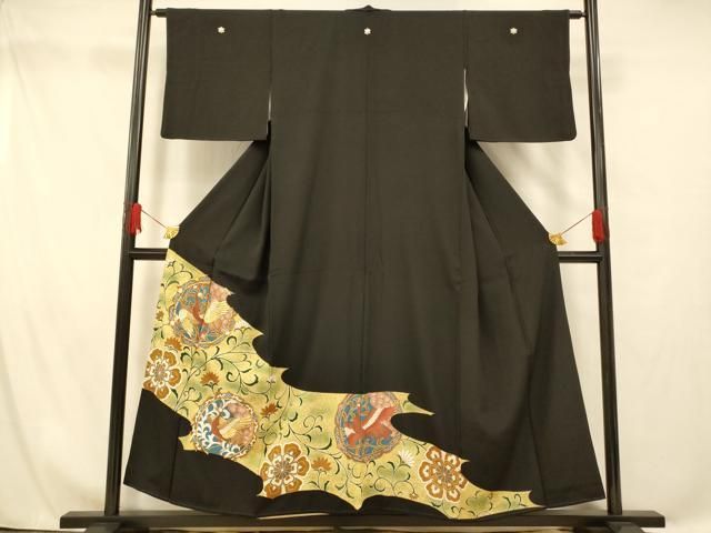 平和屋着物□豪華黒留袖 駒刺繍 鳳凰更紗花文 金糸 金彩 正絹 逸品 