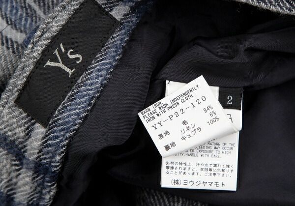 ワイズY's ウールリネンチェックアシンメトリーワイドサルエルパンツ
