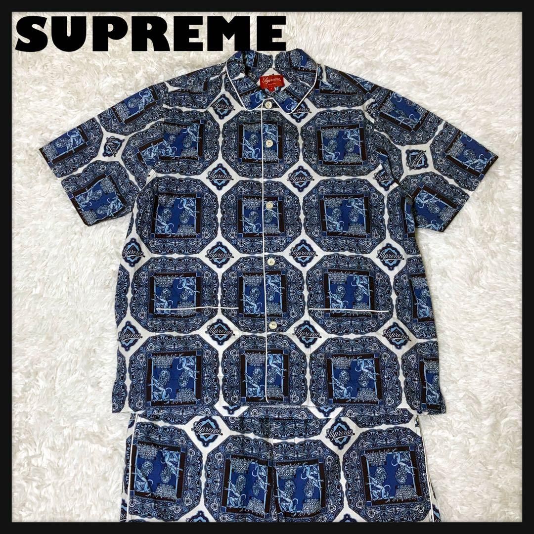美品】SUPREME セットアップ 半袖シャツ パンツ 総柄 青 L - メルカリ