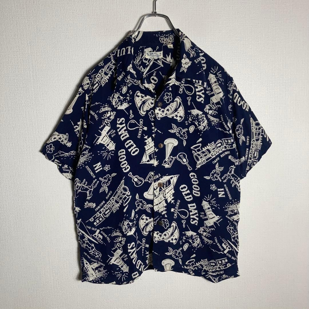 SUNSURF アロハシャツ 半袖 開襟 ハワイアンレトロ柄 紺 M - メルカリ