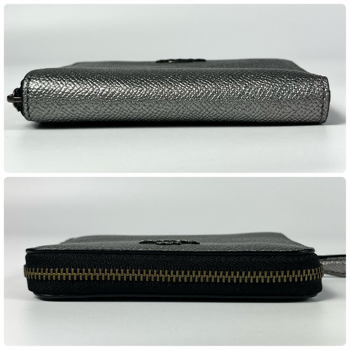 美品 COACH コーチ 二つ折り財布 メタリック シルバー 折り財布 黒 