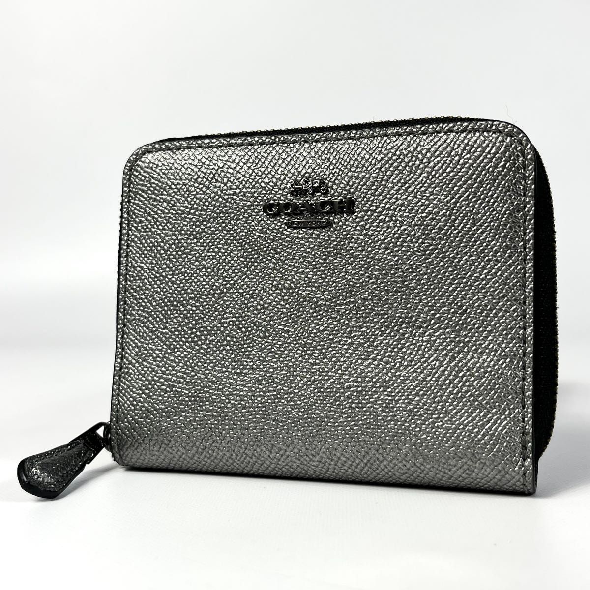 美品 COACH コーチ 二つ折り財布 メタリック シルバー 折り財布 黒 