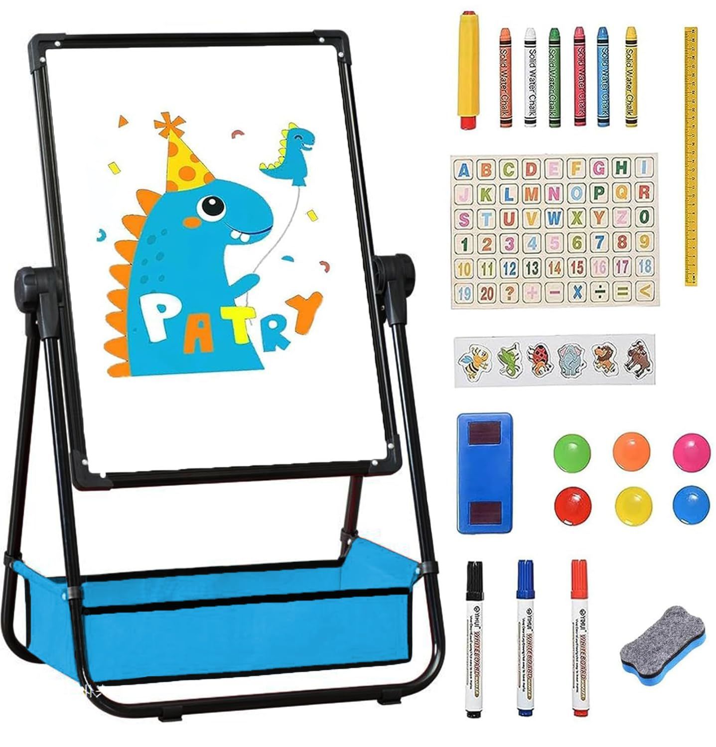 【特価商品】(高さ63~107cm) センチ、大人と子供ともに適用しています 子供用イーゼル、黒板とホワイトボード両面的に使える、鉄製、折りたたみ式、360度回転、収納バスケット付き、高さ調整範囲63~107cm