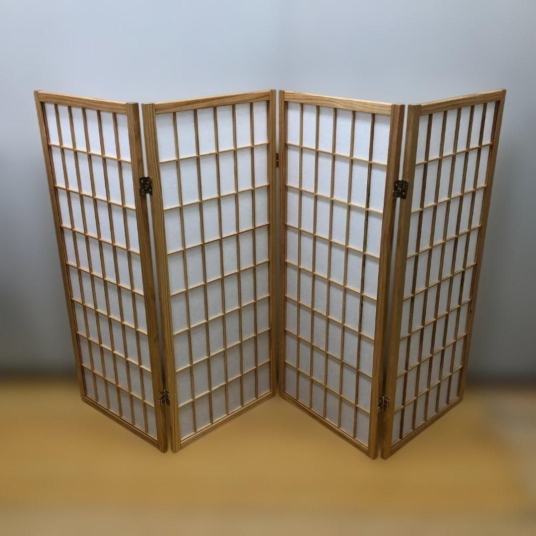 美品 木製 障子 衝立 4連 パーテーション 和風 折りたたみ 間仕切り 