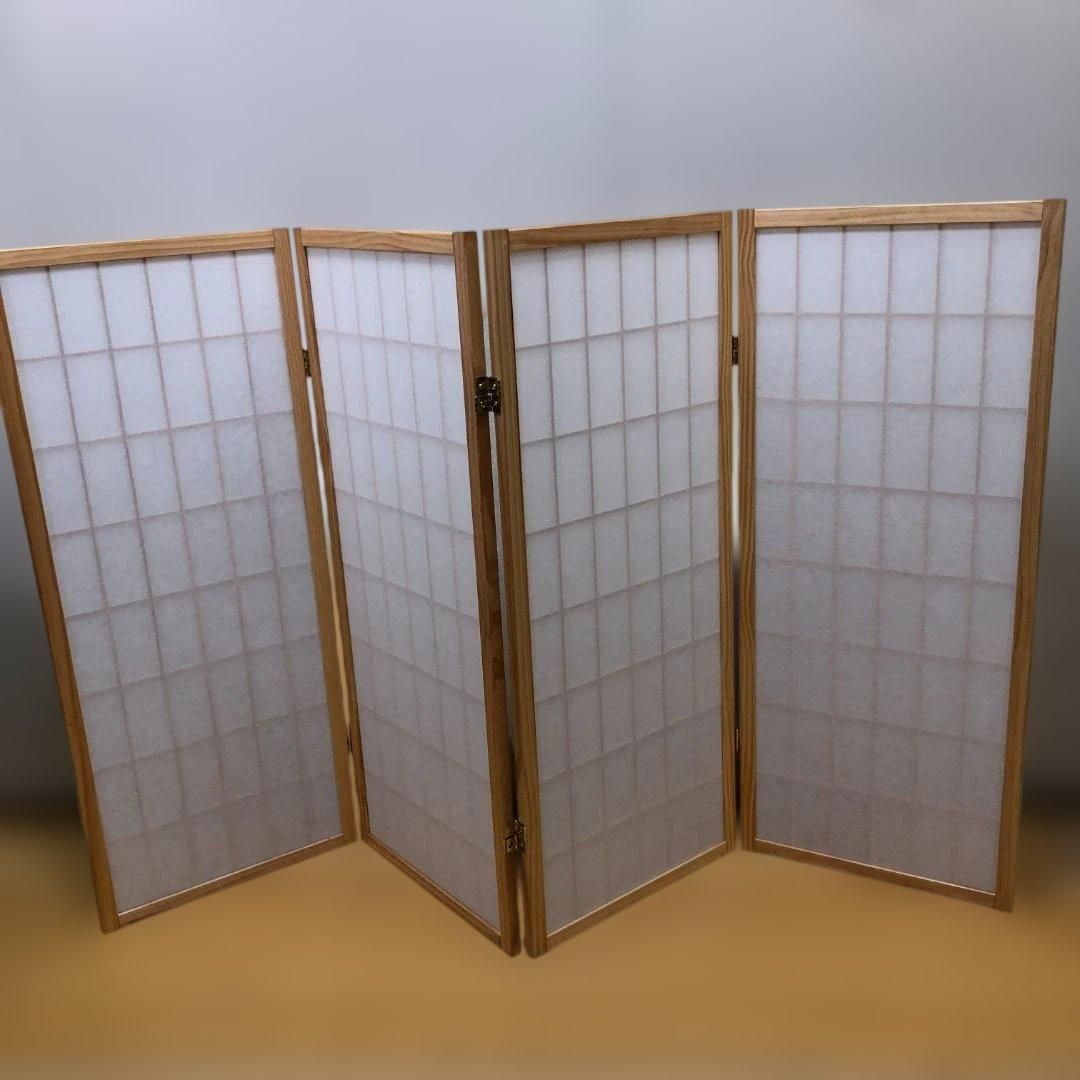 美品 木製 障子 衝立 4連 パーテーション 和風 折りたたみ 間仕切り 