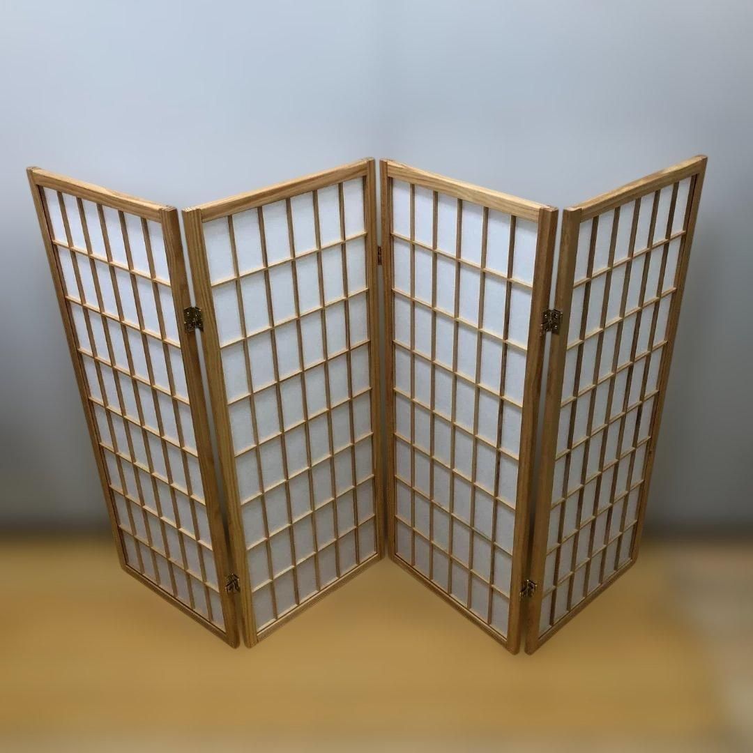 美品 木製 障子 衝立 4連 パーテーション 和風 折りたたみ 間仕切り 