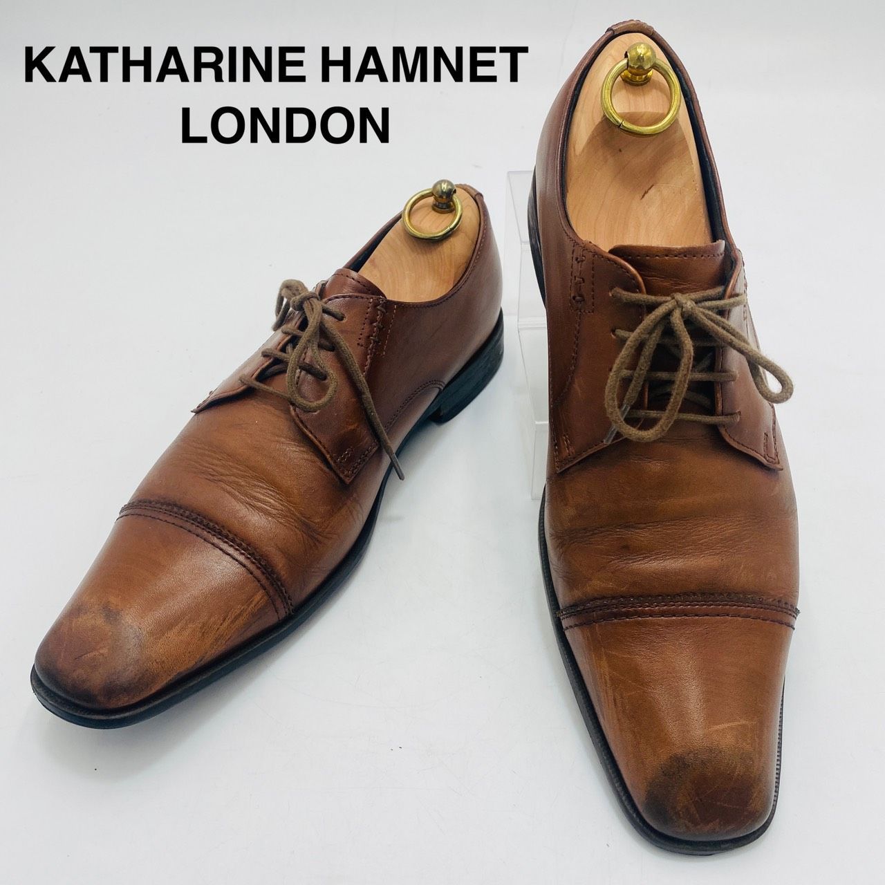 KATHARINE HAMNETT キャサリンハムネット ストレートチップ 3867 25cm 本革 茶 ブラウン 外羽根 ビジネスシューズ 通勤 冠婚葬祭 紳士靴 ドレスシューズ スクエアトゥ スタイリッシュ 希少 レア メンテナンス済み hws02608