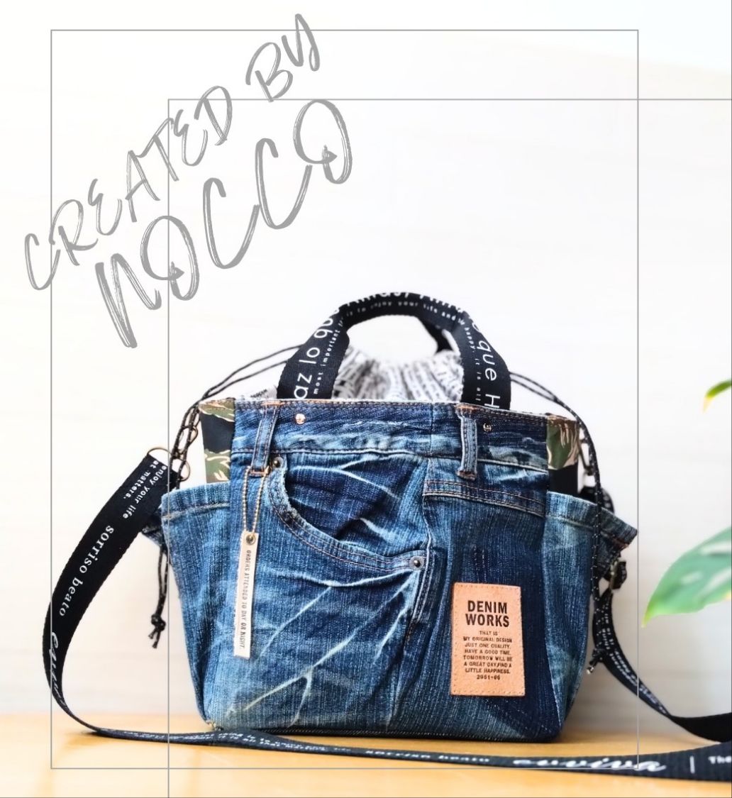 🆕一点もの❕️№860【DENIM✖️カモフラ サイドポケット付き巾着 🆕一点もの❕️№860【DENIM✖️カモフラ サイドポケット付き巾着