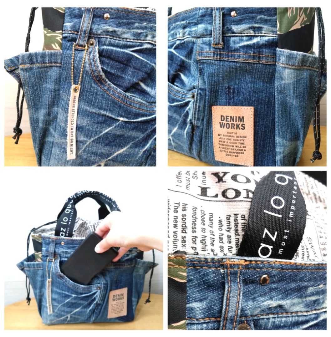 🆕一点もの❕️№860【DENIM✖️カモフラ サイドポケット付き巾着 🆕一点もの❕️№860【DENIM✖️カモフラ サイドポケット付き巾着