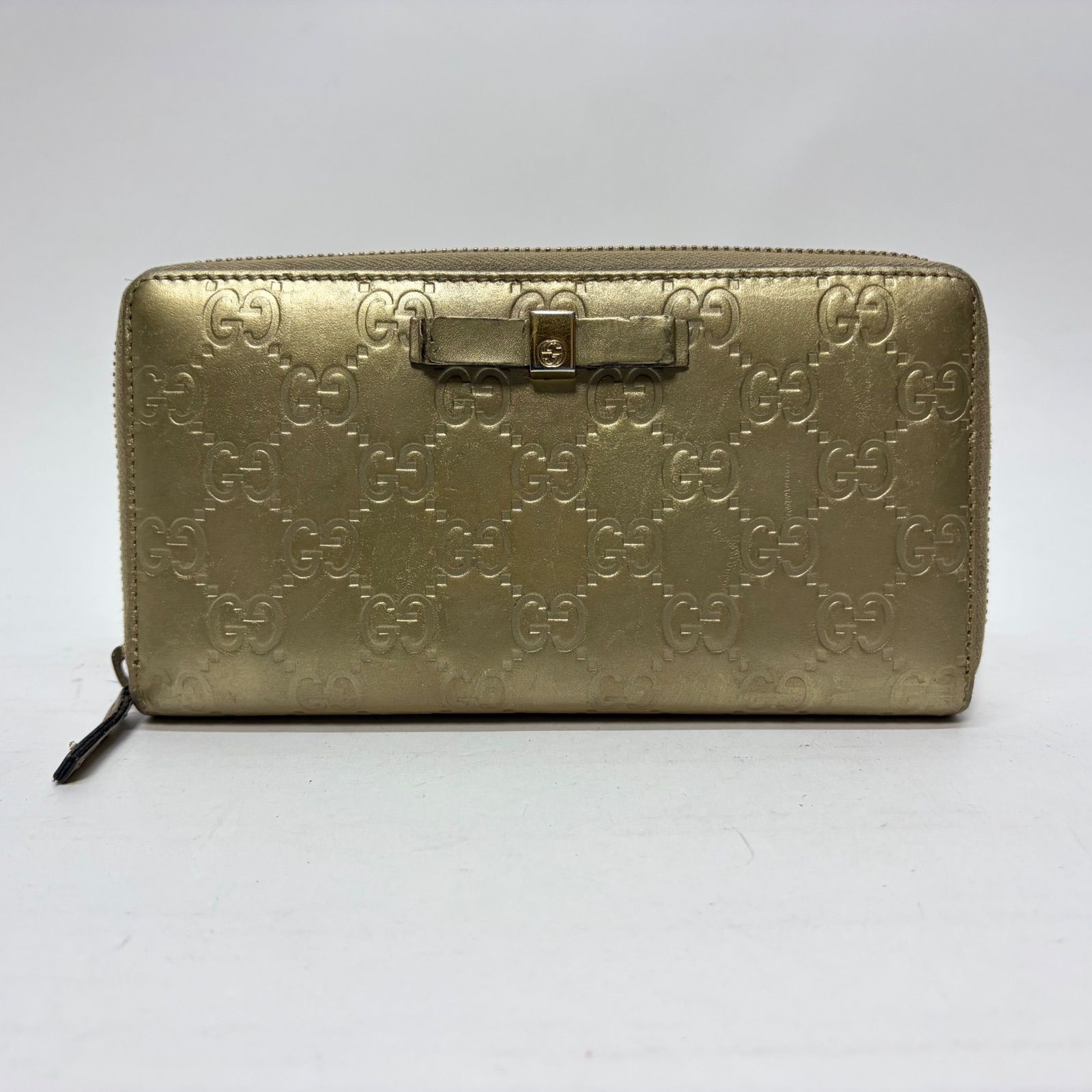 3921 GUCCI グッチ 長財布 ラウンドファスナー GG シマレザー ゴールド 