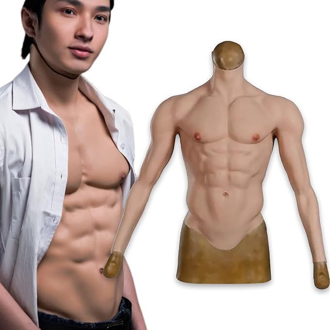 Yuewen 筋肉スーツ 通常版 半袖 長袖 ファスナー付き シリコン筋肉 シリコンスーツ マッチョスーツ 偽腹筋 偽筋肉 コスプレ 仮装 ホワイト L-長袖‐ファスナー付き