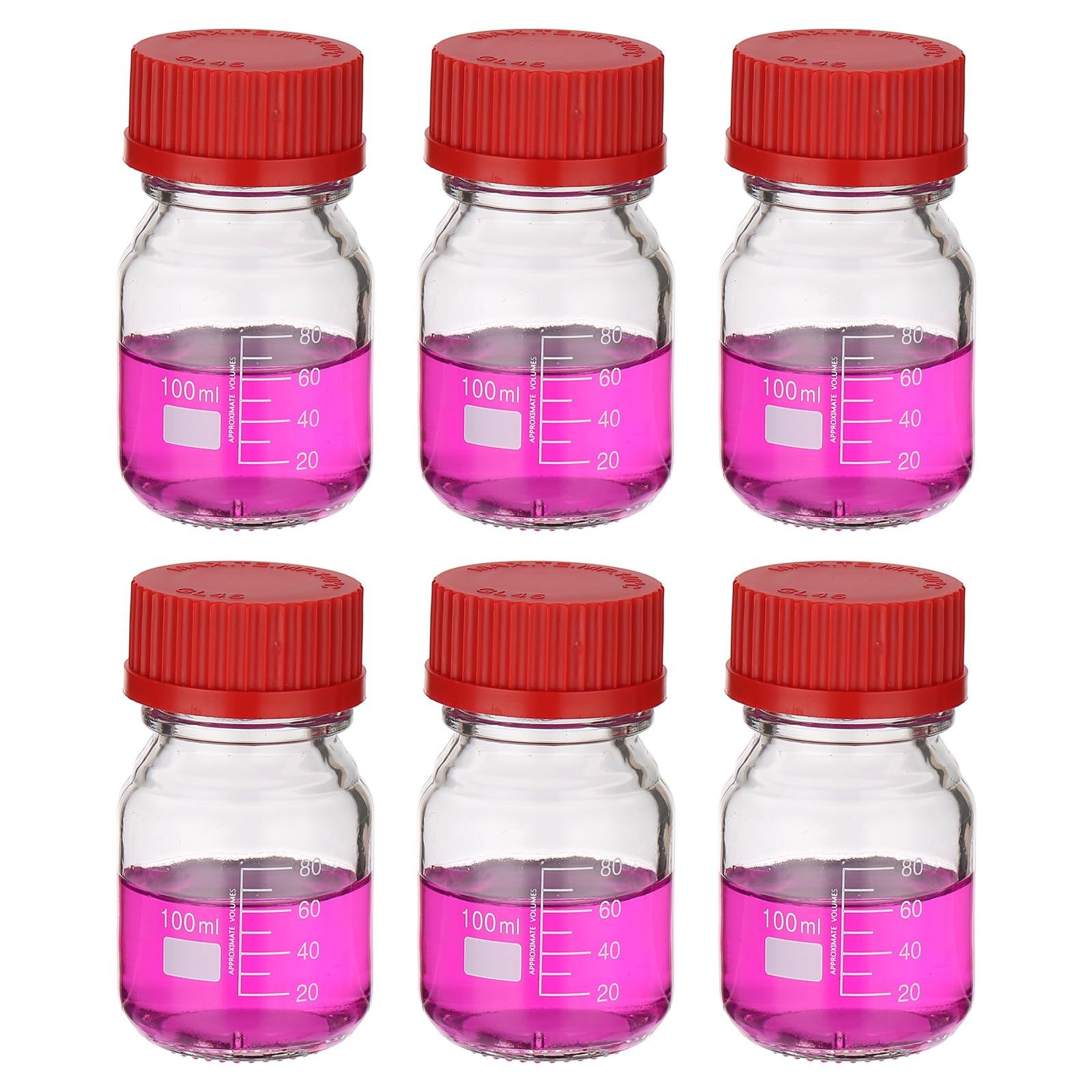 新品 PATIKIL 6個セット 試薬 保存 ボトル 100ml ホウケイ酸 ガラス 目盛り付き 丸型 ボトル GL32 赤色 スクリュー キャップ 付き 実験室 用水 試薬 液体 用 透明